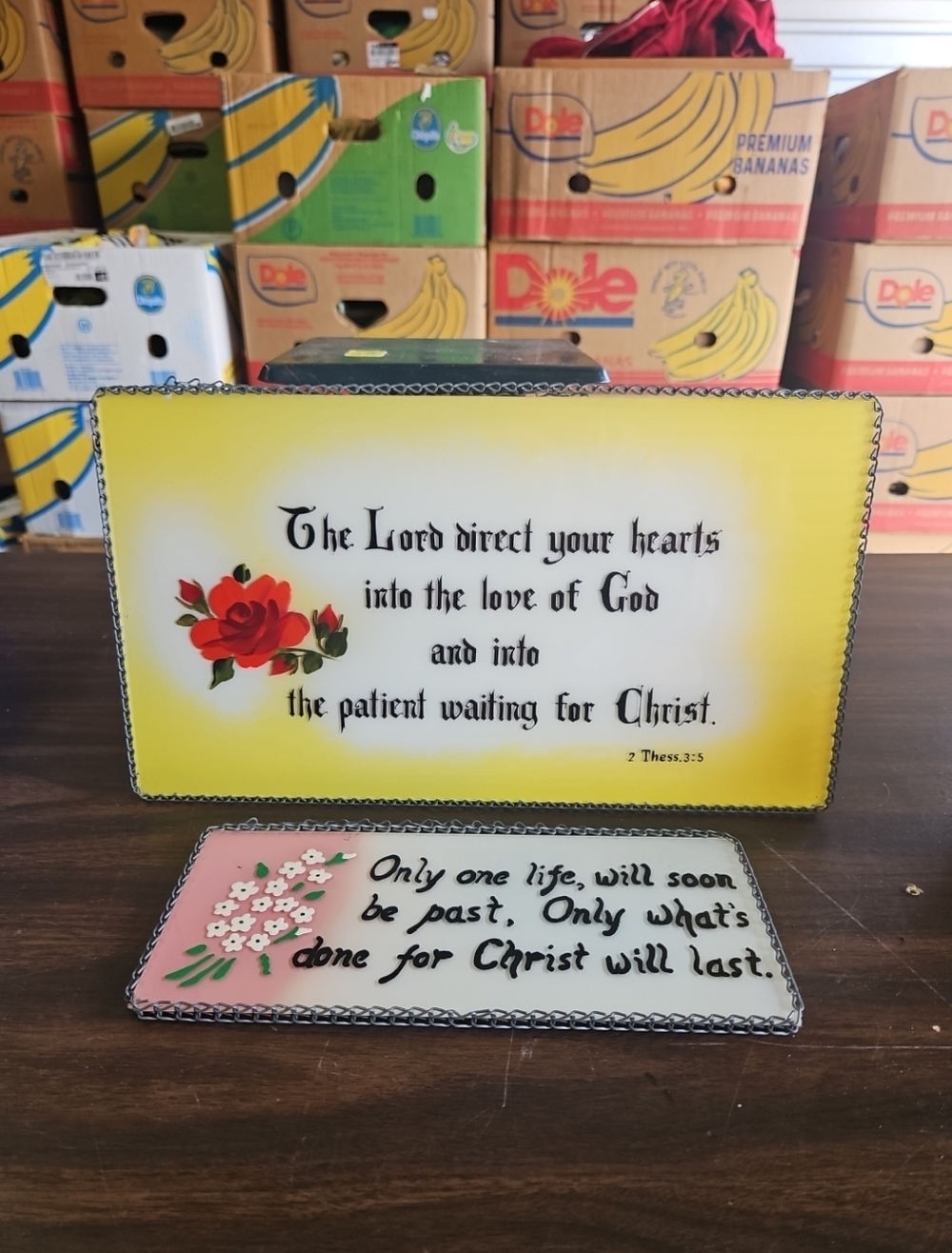Vintage Hand Painted Glass  Scripture Verse Chain Hanger 2 Pcs